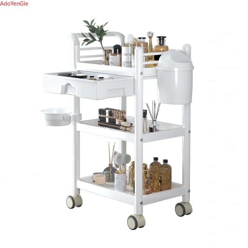 Simple Wrought Iron Salon Trolleys Multi-layer Rack Modern Salon Furniture Beauty Salon Creative Household Trolley with Wheels