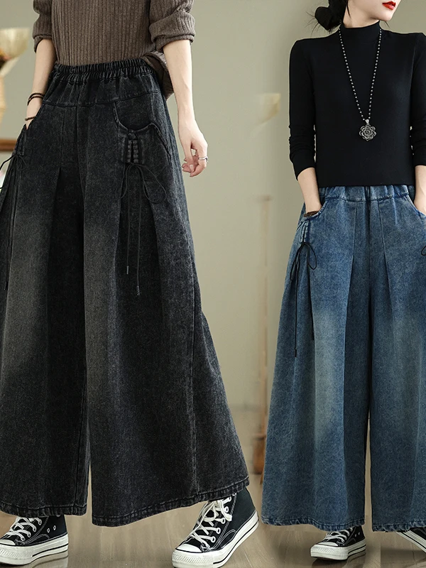 Cintura alta solta ajuste denim calças de perna larga com cinto retro cor blo casual drapey calças compridas para mulheres plus size