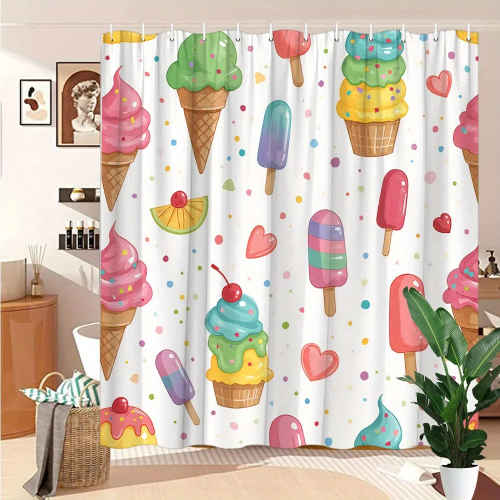 Sweet Ice Cream Popsicle Shower Curtain, Colorful Candy Waterproof Bath Curtain, Kawaii Summer Bathroom Decor Art