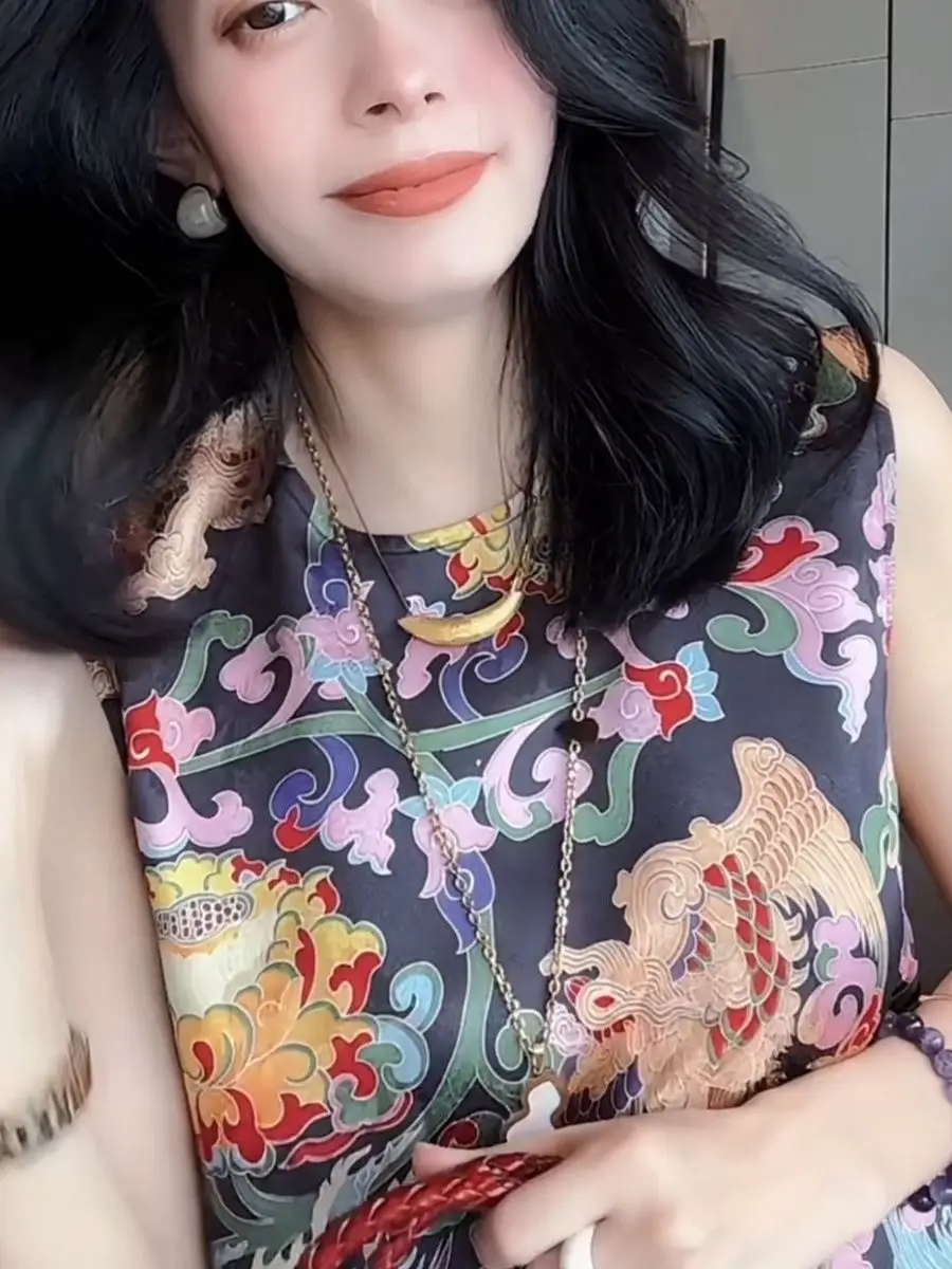 Nouveau chinois Sle industrie lourde Faion gilet haut imprimé tendance nationale rétro haut de gamme Aosphère femmes irt coréen lâche...