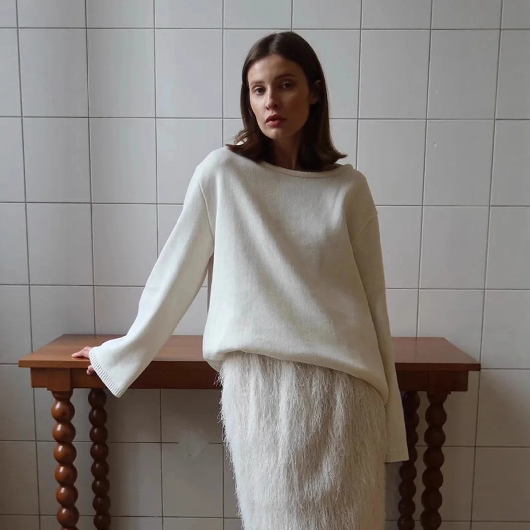 2025 Otoño e Invierno nuevo estilo suelto y perezoso suéter de punto Sexy para mujer suéter de algodón puro sin espalda