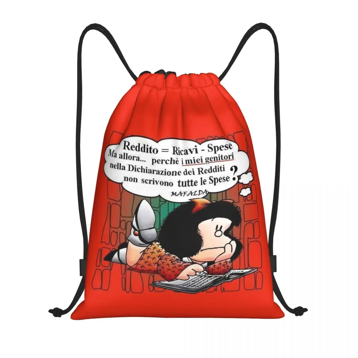 Quino Comic Cartoon Mafalda bolso con cordón para hombres y mujeres, mochila de almacenamiento deportiva ligera, gimnasio, personalizado