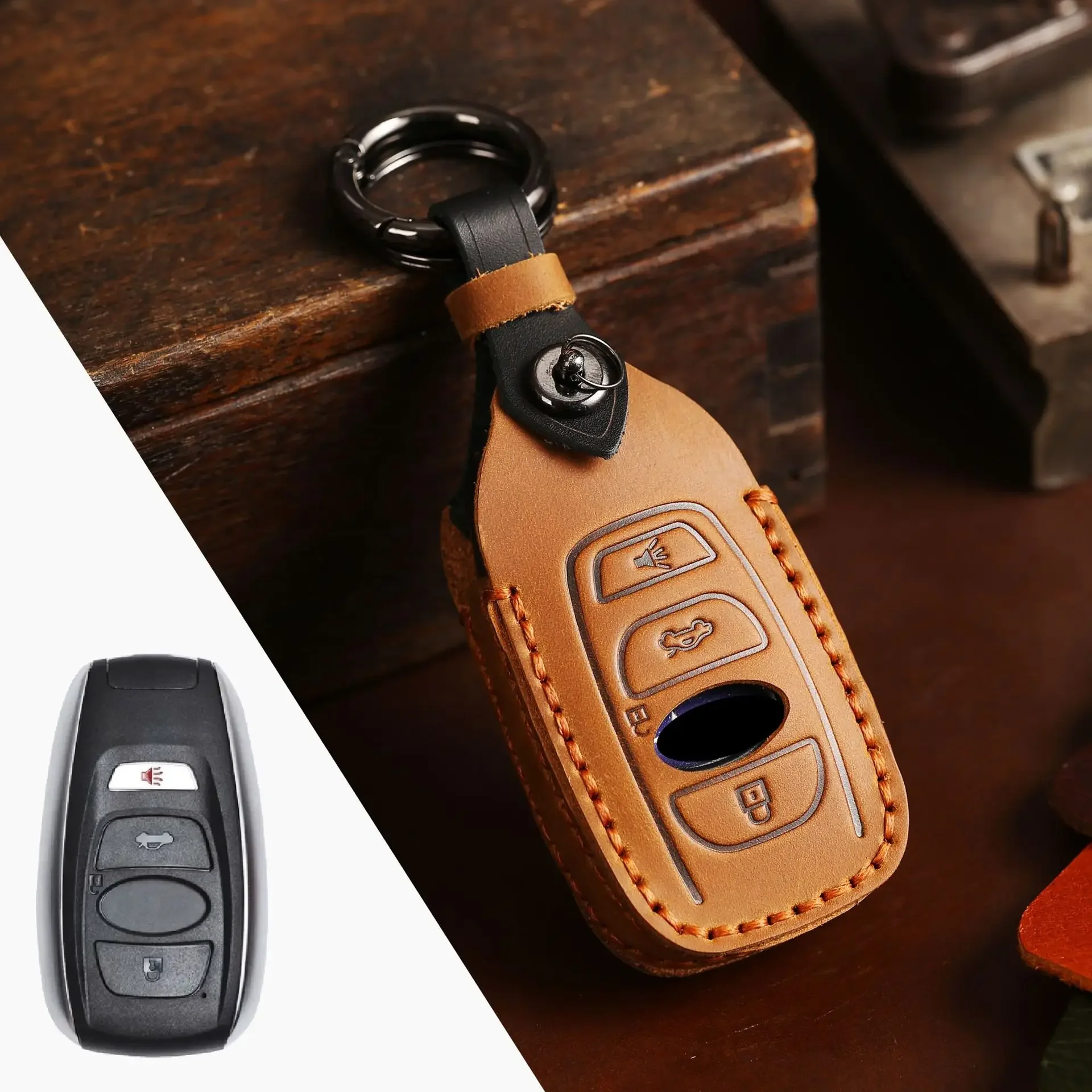 

Handmade Leather Car Key Case Cover Set for Subaru Legacy Impreza Forester Xv Trezia BRZ Wrx Levorg Outback 3 4 Buttons Keychain