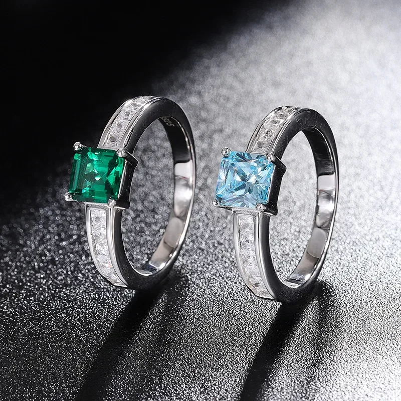 18K Gold Set with PT950 Platinum Aquamarine Emerald Small Square 2 Carat Simple Ring Main Stone 6*6