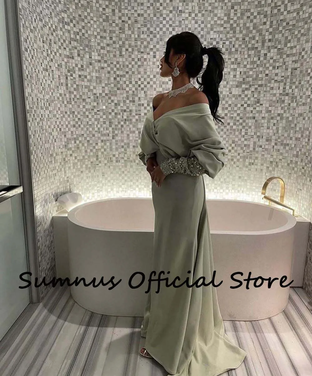 Sumnus Saudi Arabic Mermaid Evening Party Gowns Sexy Off Shoulder Sequins Long Sleeve Dubai Wedding Party Dresses with Train