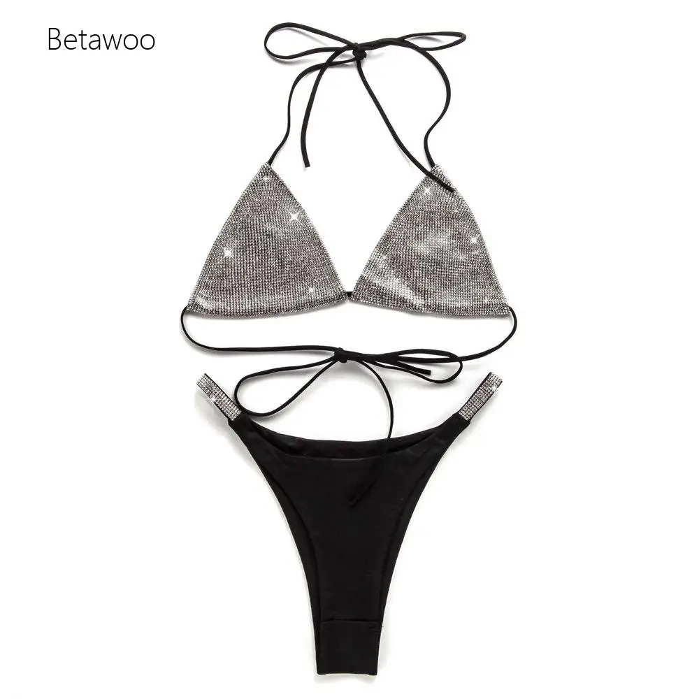 

2026 Womens Silver Sequin Halter Neck Triangle Bikini Top with Black Tie Side Bottom
