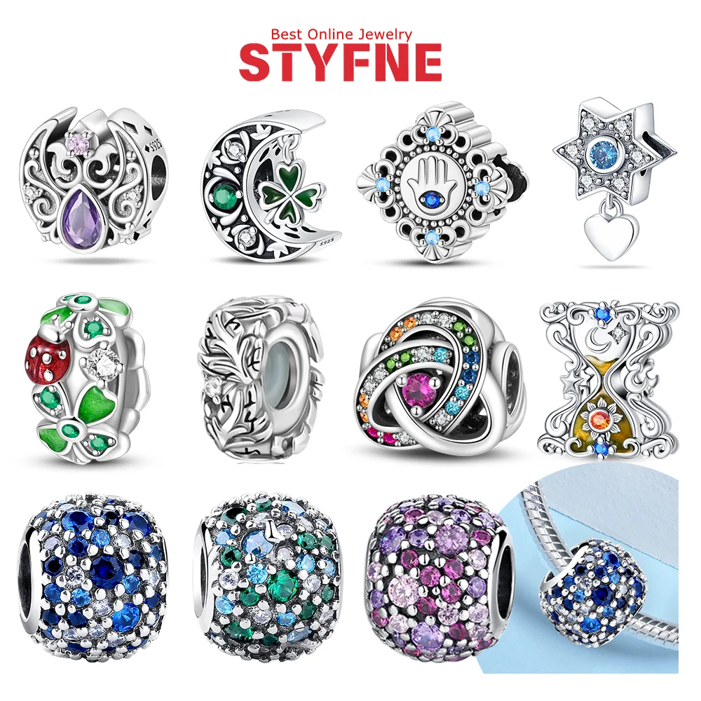

925 Silver Colored Zircon Charms Six-pointed Star Moon Time Hourglass Clover Beads Fit DIY Bracelet Women Jewelry Birthday Gift