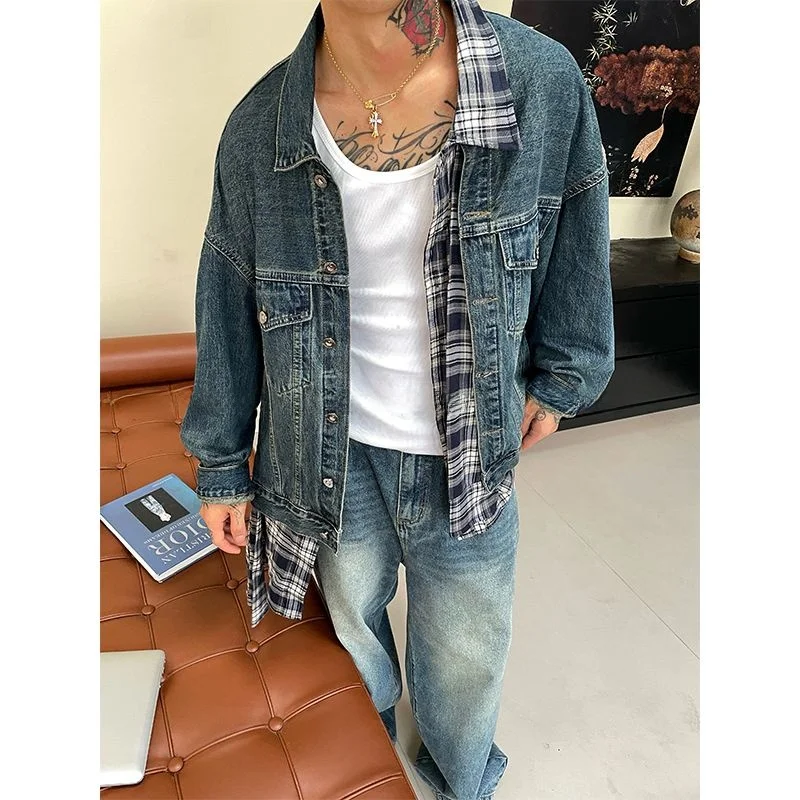 

American Sle Plaid irt Jaet Men's Loose Outerwear Cool Top Vintage Waed Denim Outerwear Stand Fit Long Sve