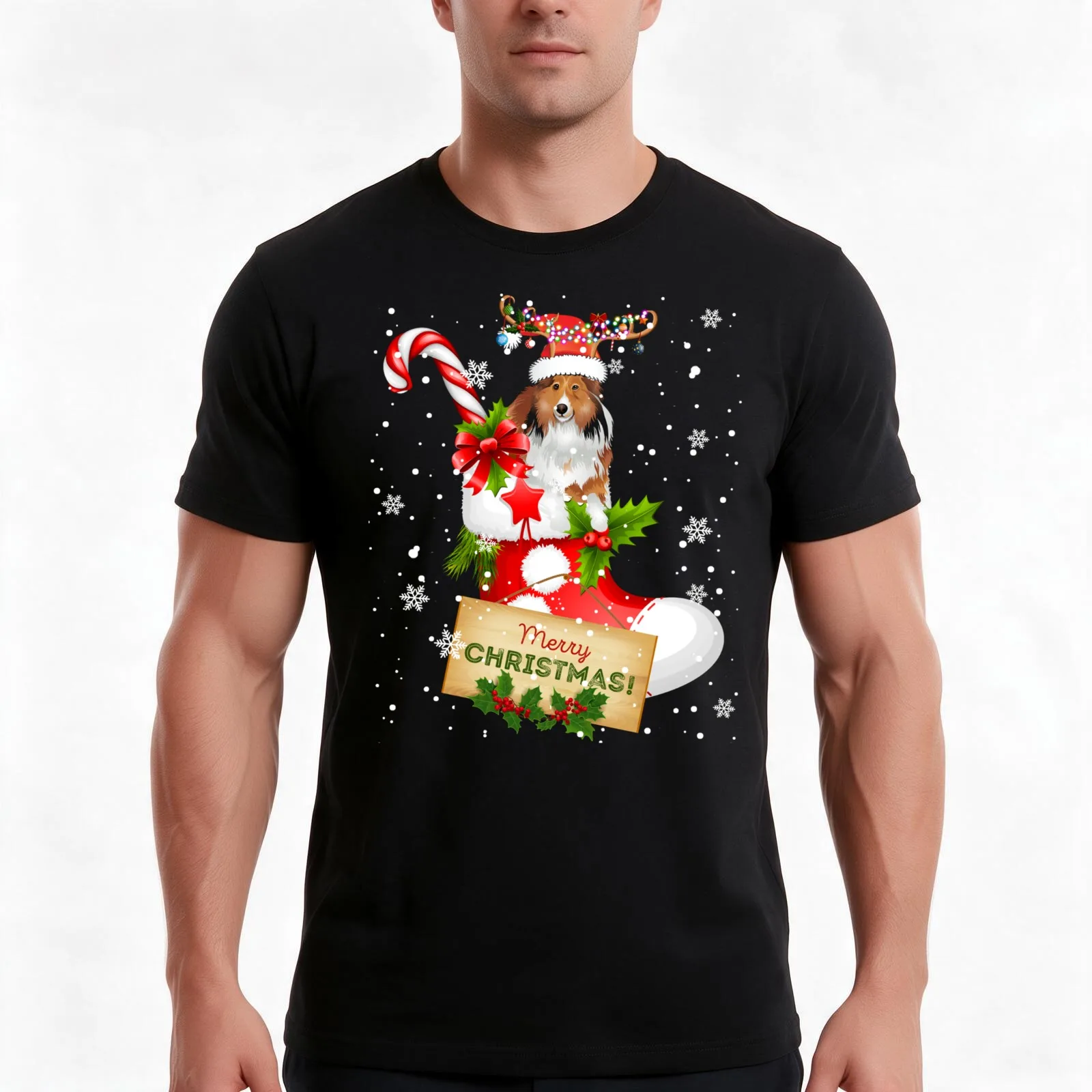 Merry Christmas Xmas Lights Santa Reindeer Sheltie In Sock Long Sleeve T-Shirt Summer Casual Cotton Tee Vintage Graphic Print