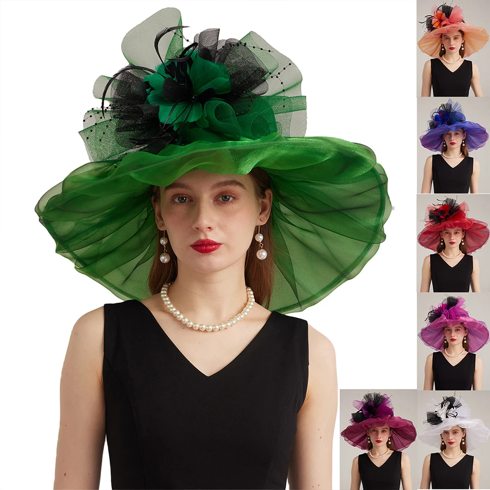 FS Green Fascinator Church Hats For Women Elegant Luxury Wedding Bride Cap Organza Tea Party Kentucky Derby Hats Chapeau Femme