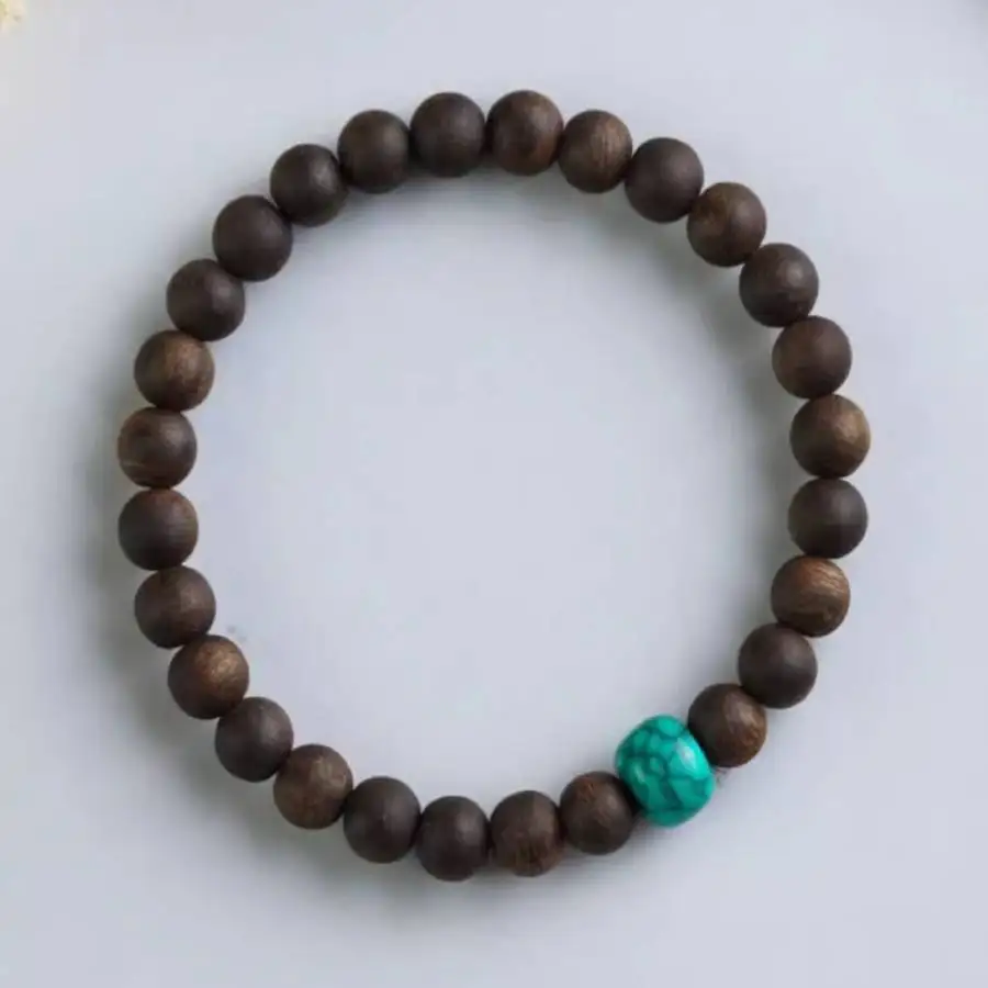 Handmade natural Turquoise bead bracelet, agarwood men's cuff button bracelet, Ramadan prayer bead bracelet, women's meditation view 4