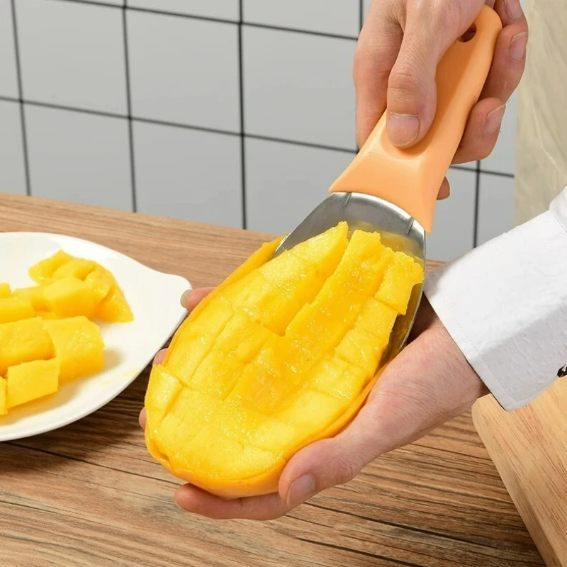 Mangoschneider, Schäler, Entkerner, fünf in einem multifunktionales Obstwerkzeug, Edelstahllöffel mit Schneidklinge, leicht zu entfernendes Fleisch
