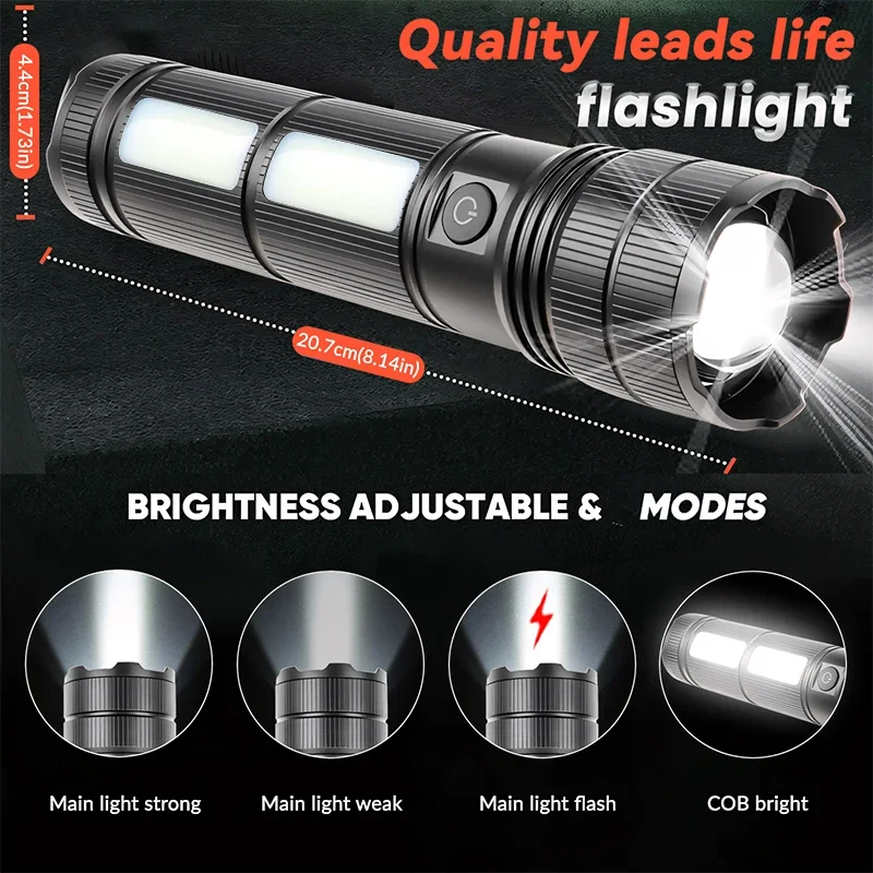 New COB Side-Light Aluminum Variable-Focus Digital Flashlight with Input/Output Long-Range High-Brightness