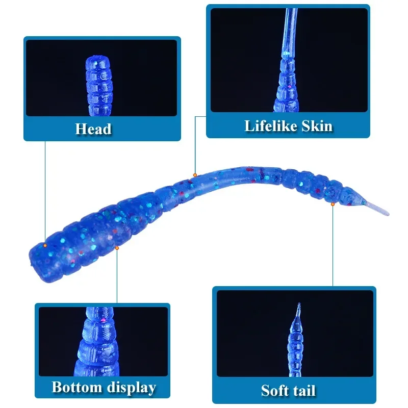 50 Pcs Earthworm Soft Bait Fishing Lure 0.4g/4.5cm Luminous Topwater Silicone Sea Fishing freshwater Bass Artificial soft Lure