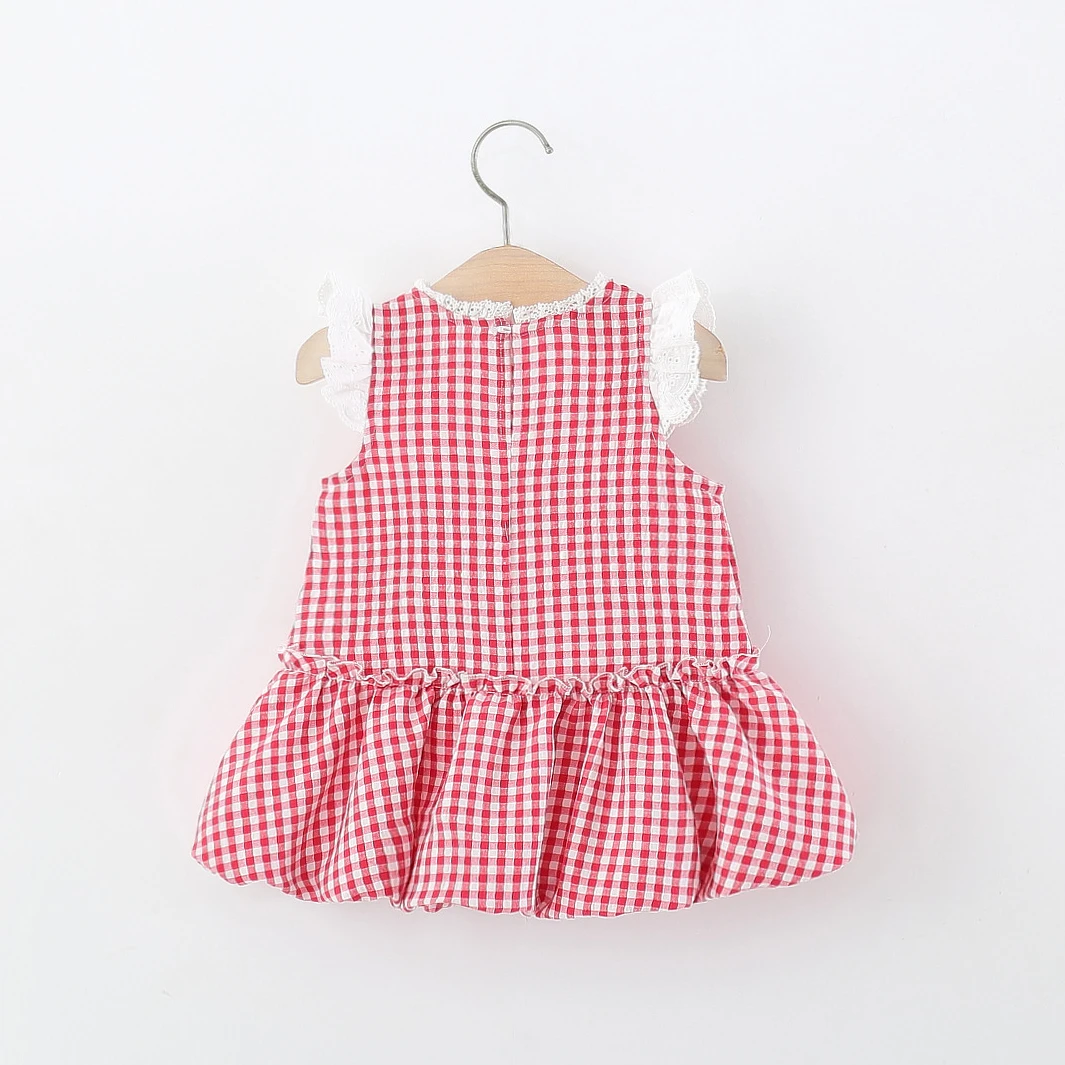 Baby Girl Dress Summer Cotton Checkered Bow Cherry Small Fly Sleeves Girls Dresses Cartoon Cute Beach Baby Girl Clothing