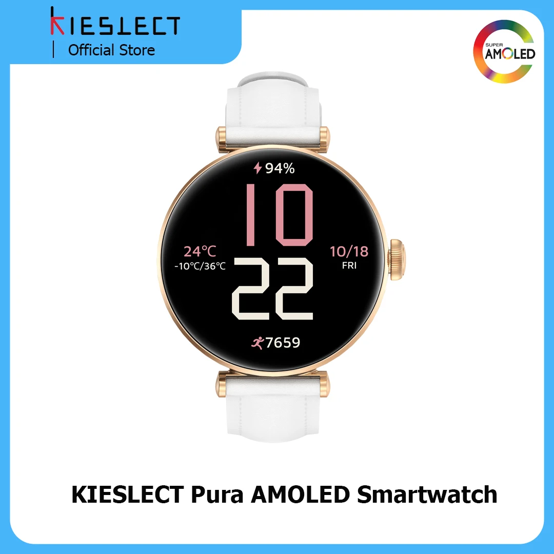 ساعة ذكية Kieslect Lady Calling Pura بشاشة AMOLED مقاس 1.19 بوصة IP68 مقاومة للماء لنظام Android iOS مع مراقب معدل ضربات القلب