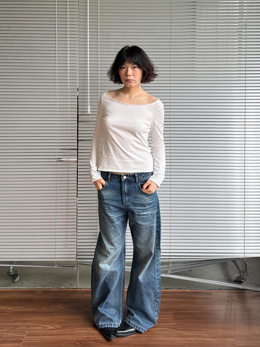 

Повседневная хлопковая футболка Girlsfood с длинным рукавом, с рваными краями и большим U-образным вырезом, модная, для ношения под одеждой, укороченная