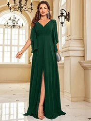 XUIBOL Luxury Chiffon Long Sleeve Green Evening Dresses Sexy High Slit Women Dress V-Back Formal Wedding Party Gowns Vestidos