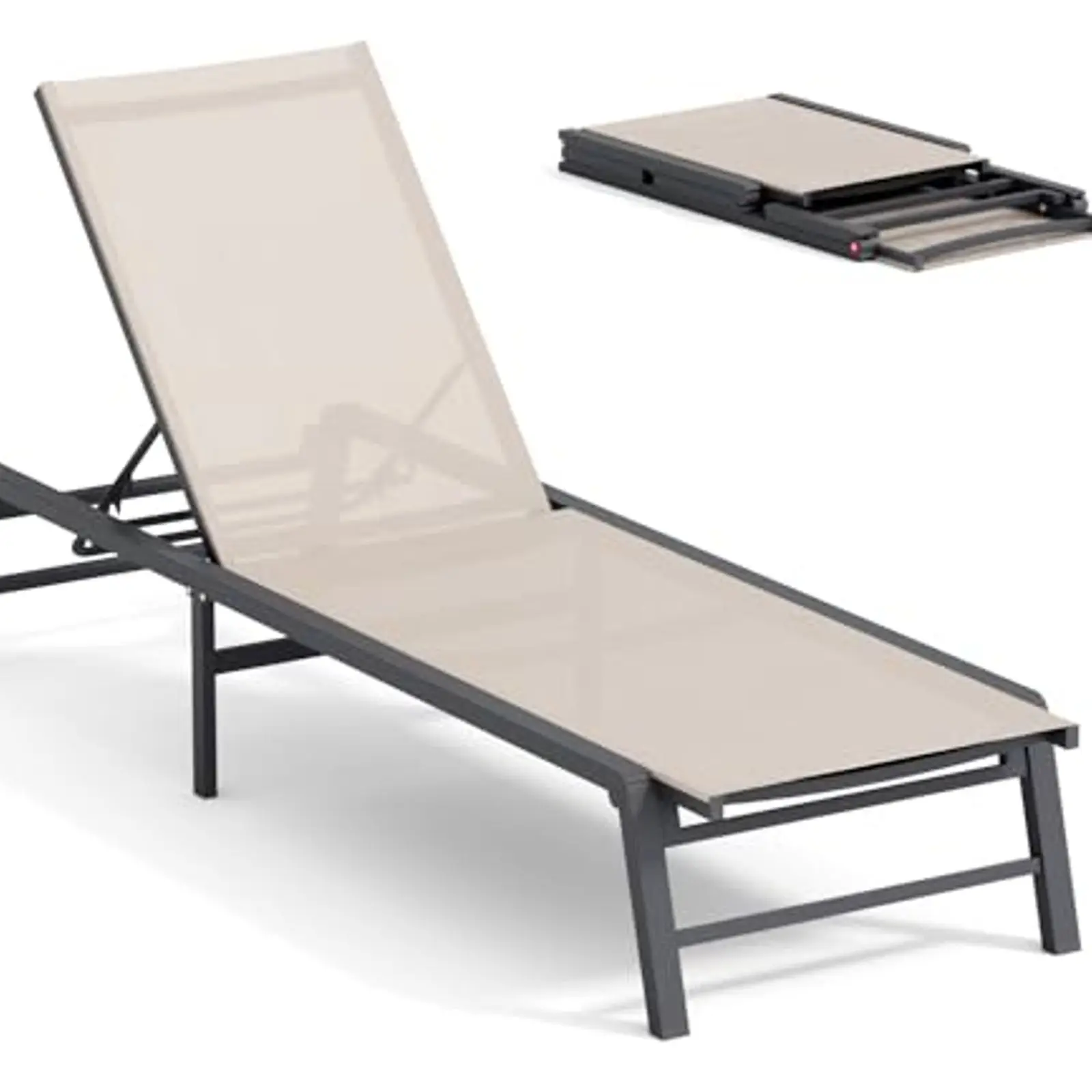 

Складное кресло-шезлонг для улицы, алюминиевое кресло для патио и бассейна, не требует сборки, 5 положений регулировки спинки, для газона и пляжа, бежевое