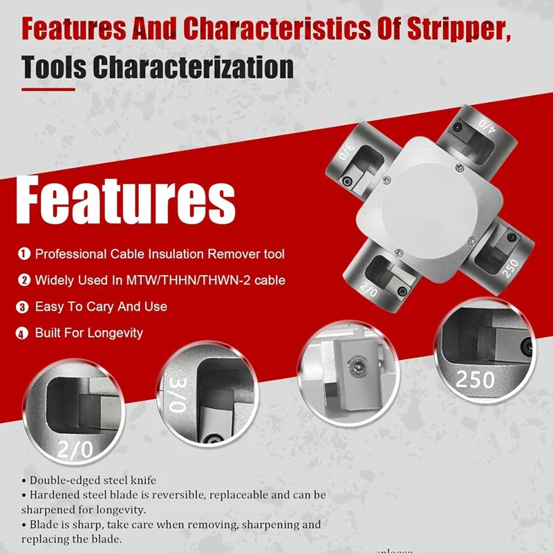 U21051 Large Cable Stripper 2/0-250 , Effectively Removes Insulation From MTW/THHN/THWN-2 Cables, Steel Large Cable