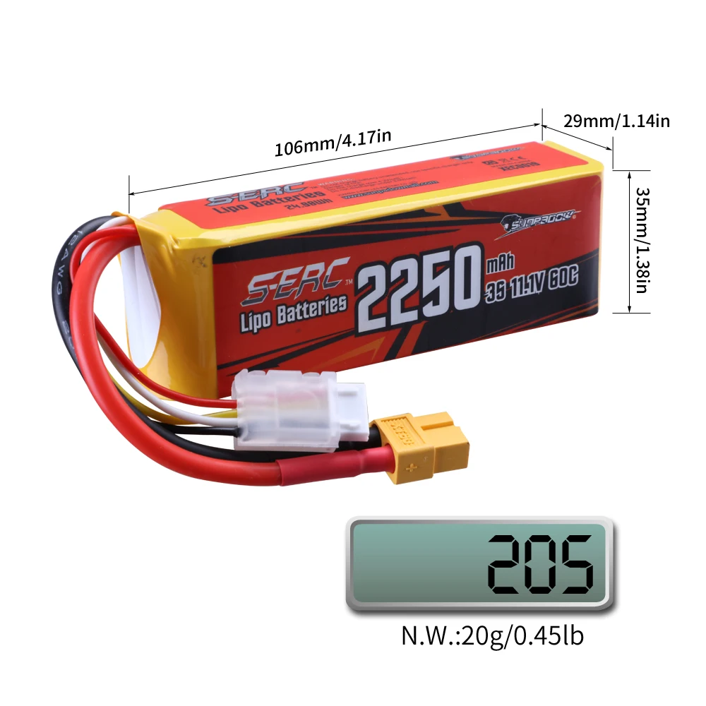 SUNPADOW 3S RC Lipo Battery 2250mAh 11.1V 60C with XT60 Rechargeable for RC Airplane Receiver Quadcopter Helicopter Drone FPV