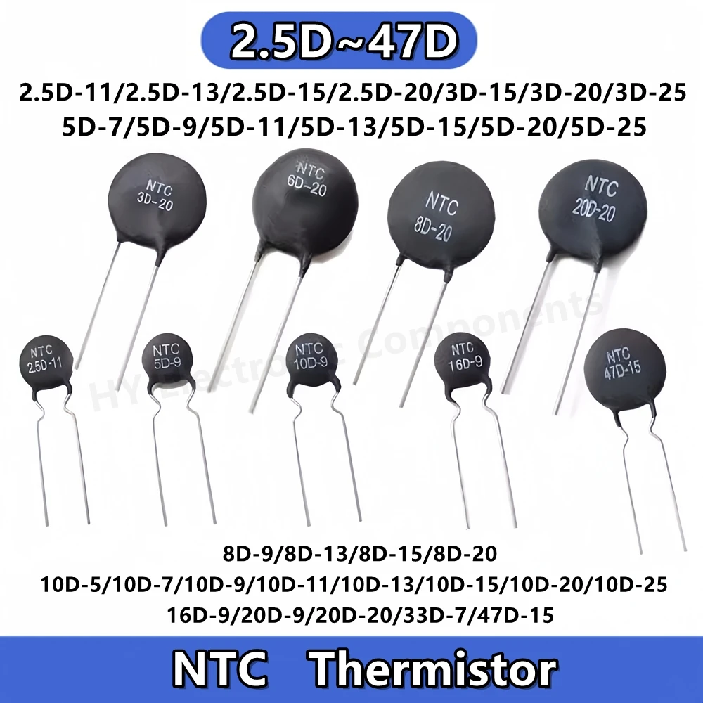 Termistor do coeficiente NTC para a temperatura negativa, 2.5D, 3D, 5D, 8D, 10D, 20D, 33D, 47D-5, 7, 9, 11, 13, 15, 20, 25, MF72, PCes 10