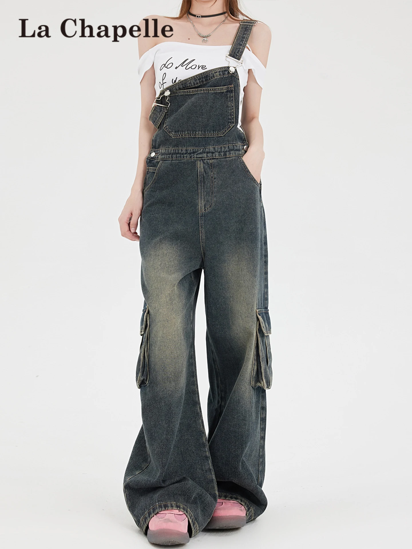 

La Chapelle American Sle Workwear Denim Overalls Women's Spring Design Vintage Loose Slim Wide Leg Jumpsuit Casual High Wai...