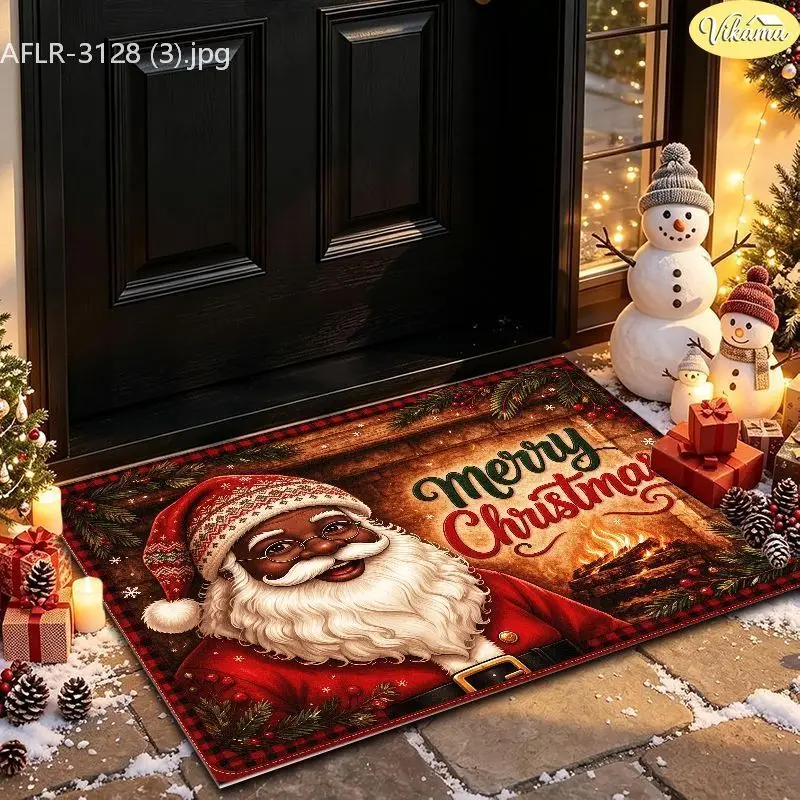 VIKAMA Buffalo Plaid Black Santa Entryway Rug Non Slip Low Profile Mats for Outside Front Door Xmas Winter Decor Washable