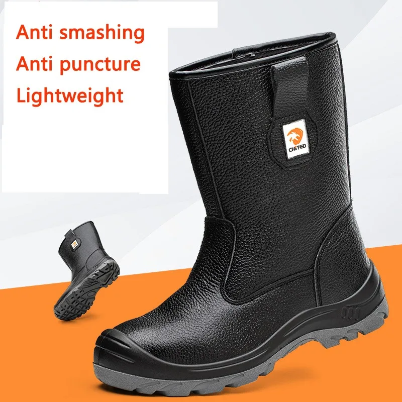 

Black High Cylinder Cowhide Safety Shoes Steel Toe Anti Impact And Anti Puncture Wear-resistant Breathable Construction Site