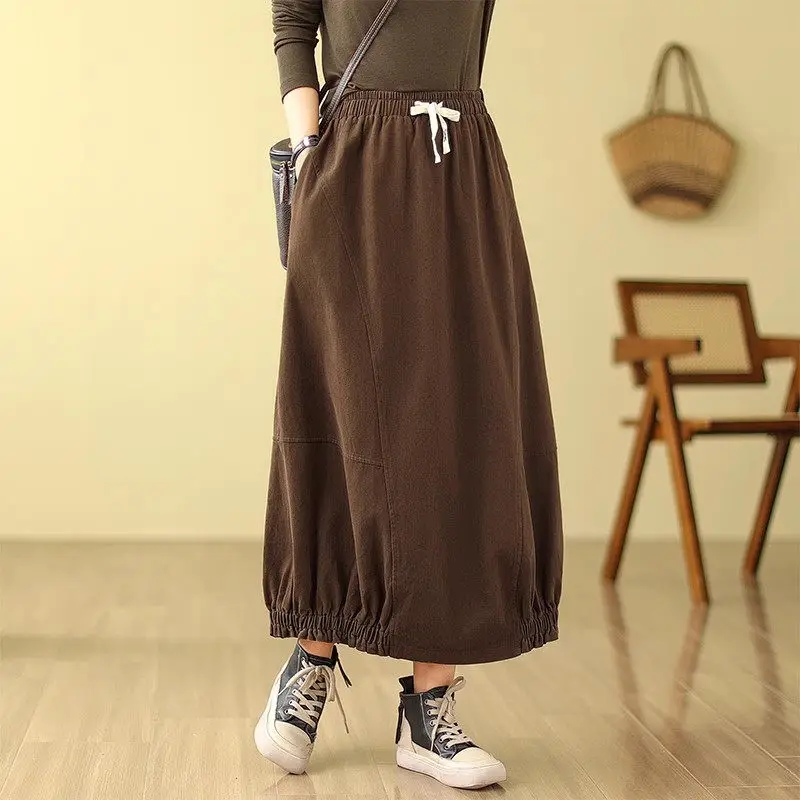 

Autumn Winter Women's Skirt 2023 New Water Wash Brushed Art Large Size Vintage Elastic Waist Drawstring Bud Skirt Faldas Z3256