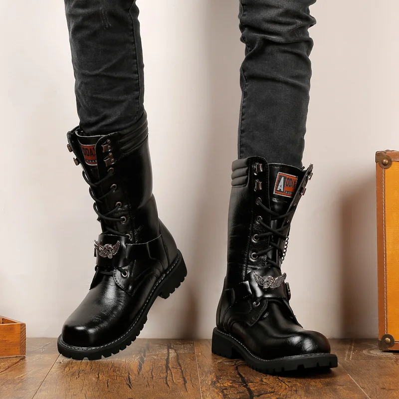 Men Fashion Motorcycle Boots Mid-calf Military Combat Boots Gothic Belt Punk Boots Men Sneakers Shoes Hightop Casual Boots