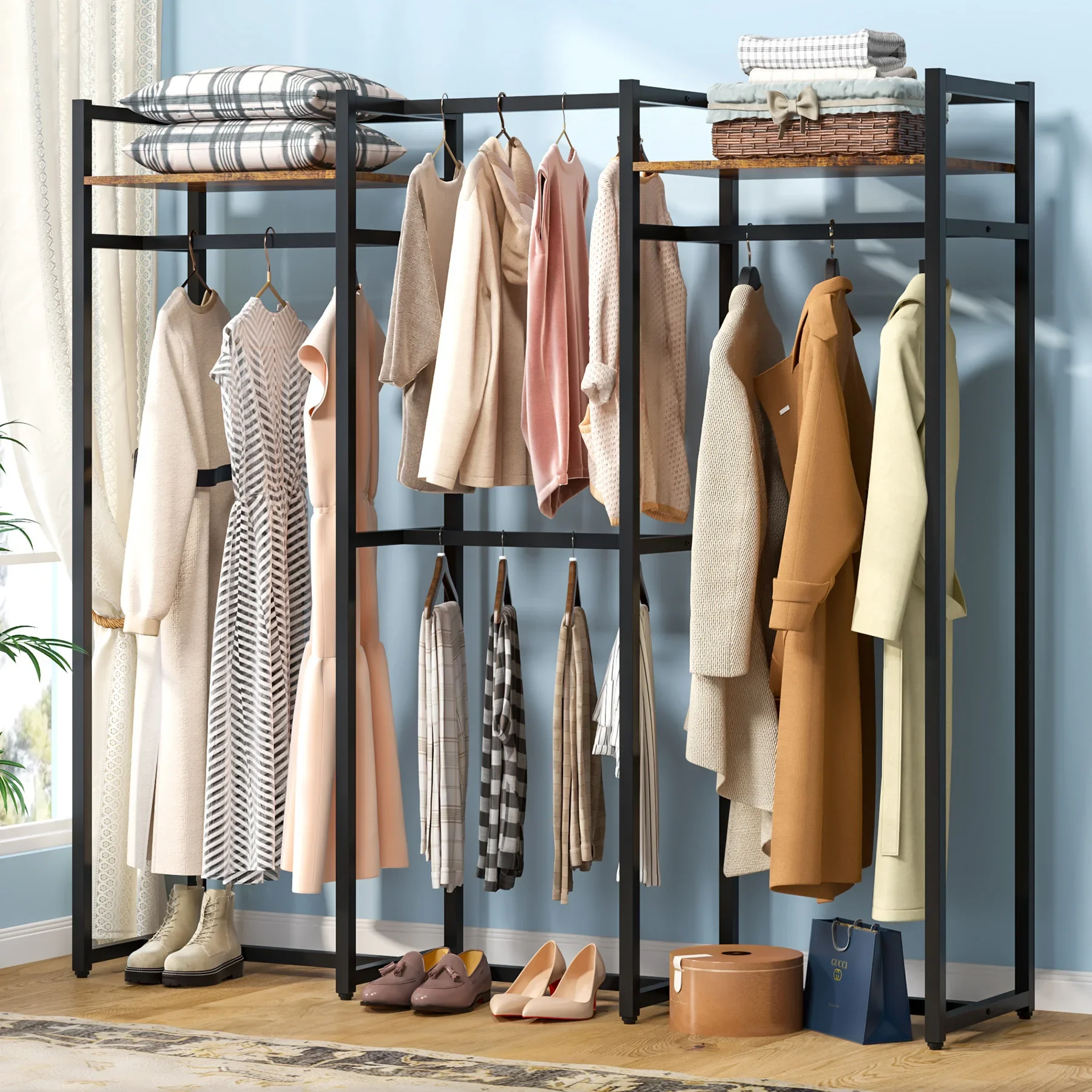 Tribesigns Free Standing Closet Organizer with Hanging Rods,Clothes Rack with Storage Shelves, Large Size Storage Rack