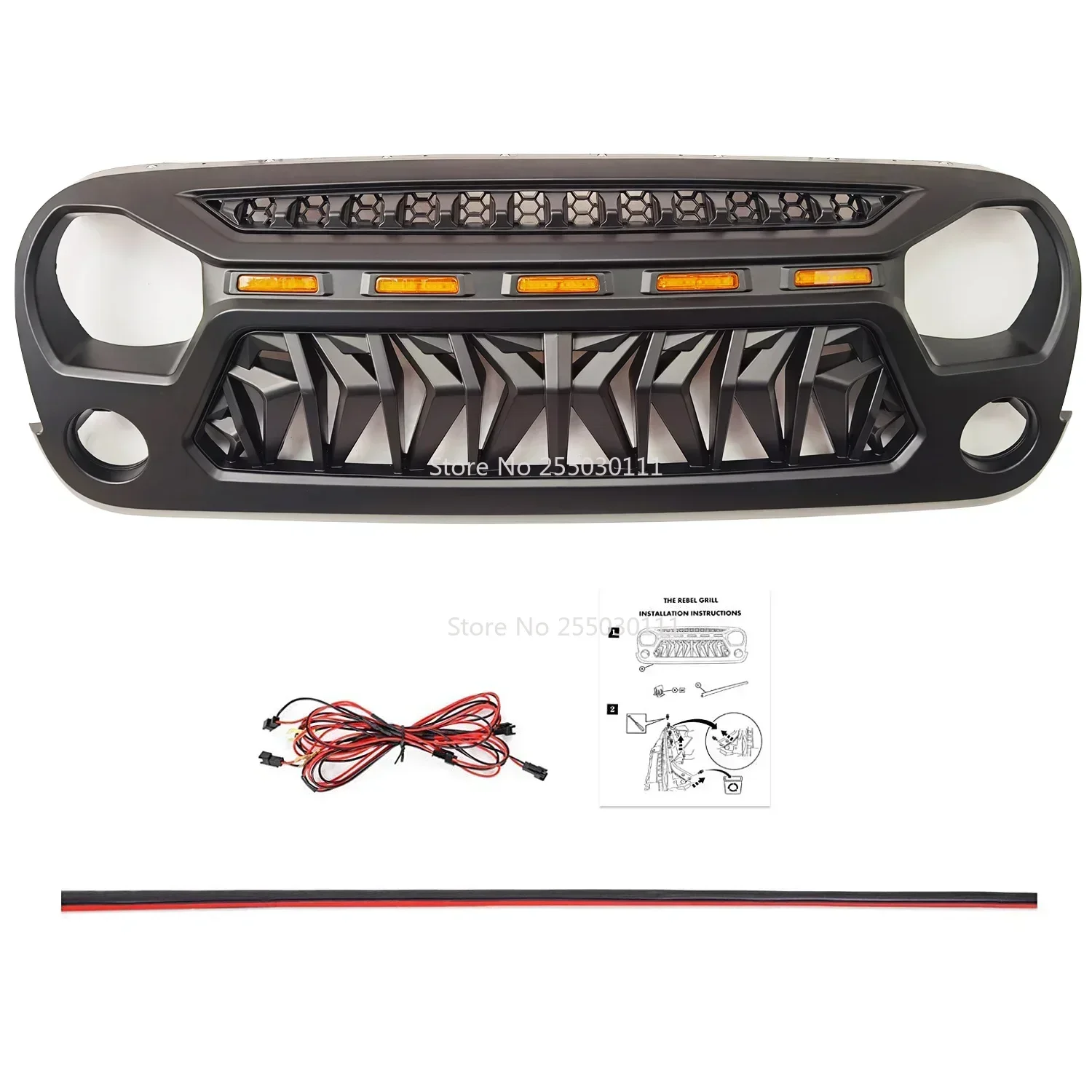 J394 Front Grill With Light LED Black ABS Racing Grills Bumper Grid Black Mask Cover For Jeep Wrangler JK 07-17