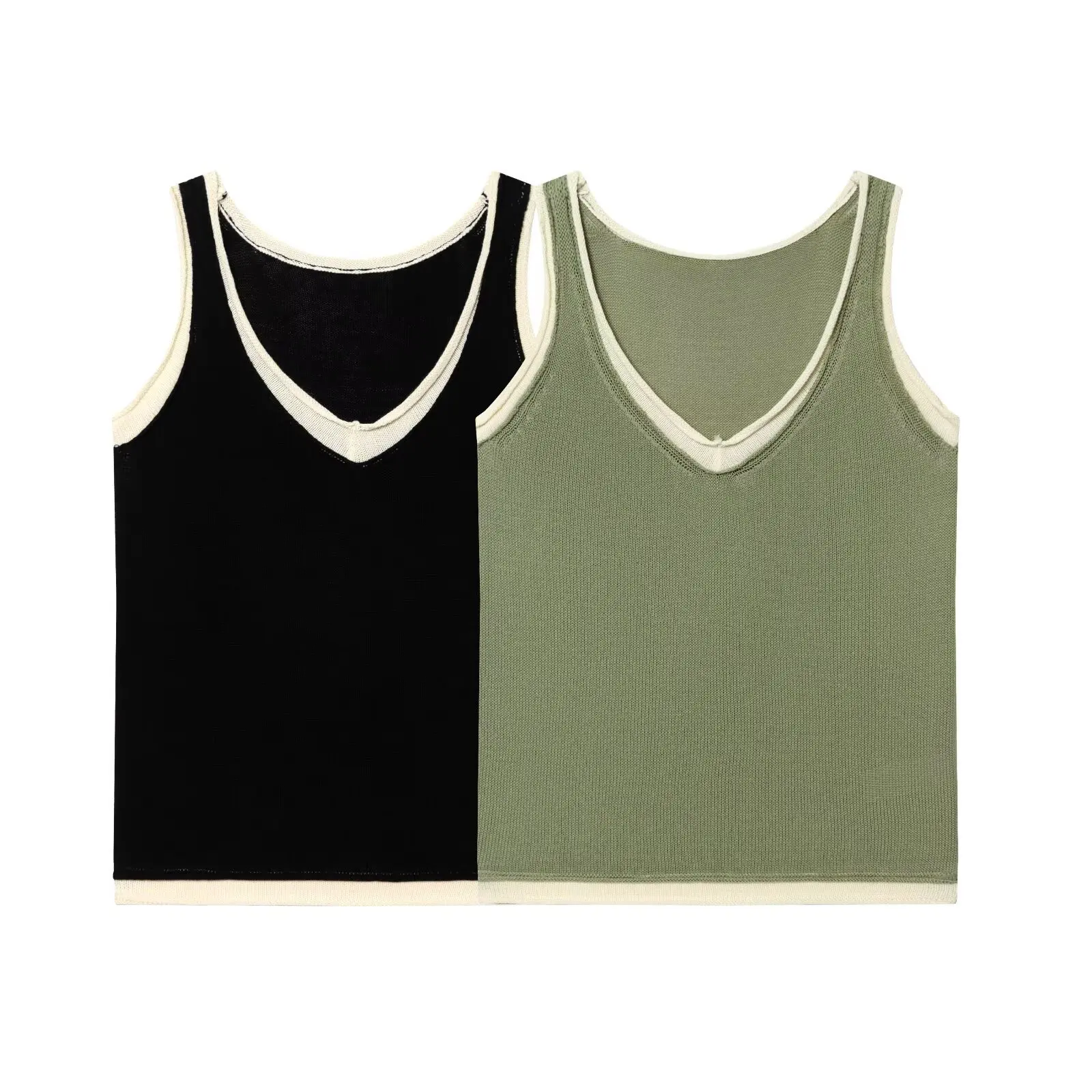 

Withered Casual Sleeveless V-neck Casual Contrasting Color Patchwork Decorative Layer Knitted Top T-shirt Woman Clothes