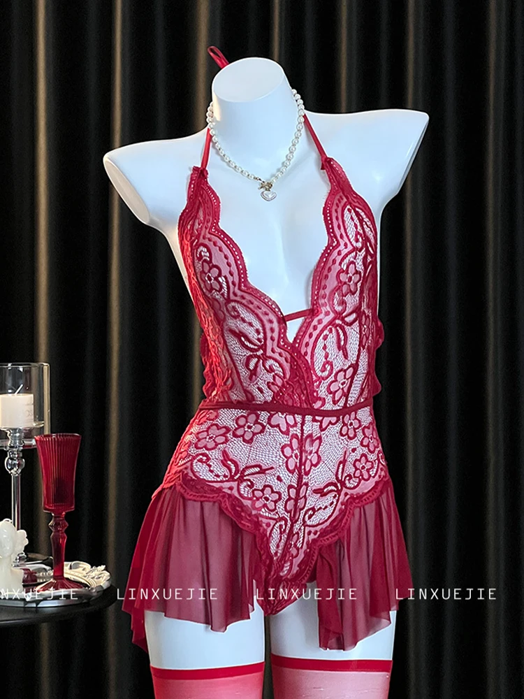 Women's Purple Nightgown Lace Sleepdress Sleepwear Sleeveless Deep-V Mini Nightdress Bodysuit Sexy Exotic Mini Lingerie Clothing
