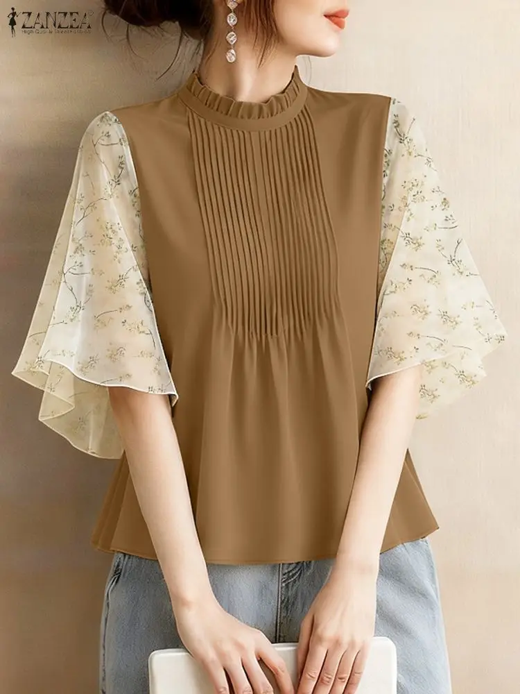

Elegant Women Blouse ZANZEA Summer Floral Patchwork Shirt Stylish Half Sleeve Work Tops Casual Pleated Blusas Tunic Female Mujer