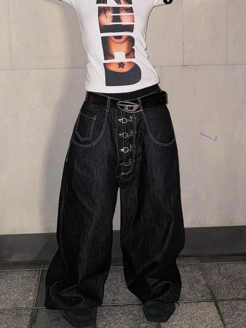 

Vintage American Washed Jeans Women Oversized Baggy Wide Leg Trousers Streetwear Drop Crotch Casual Chic