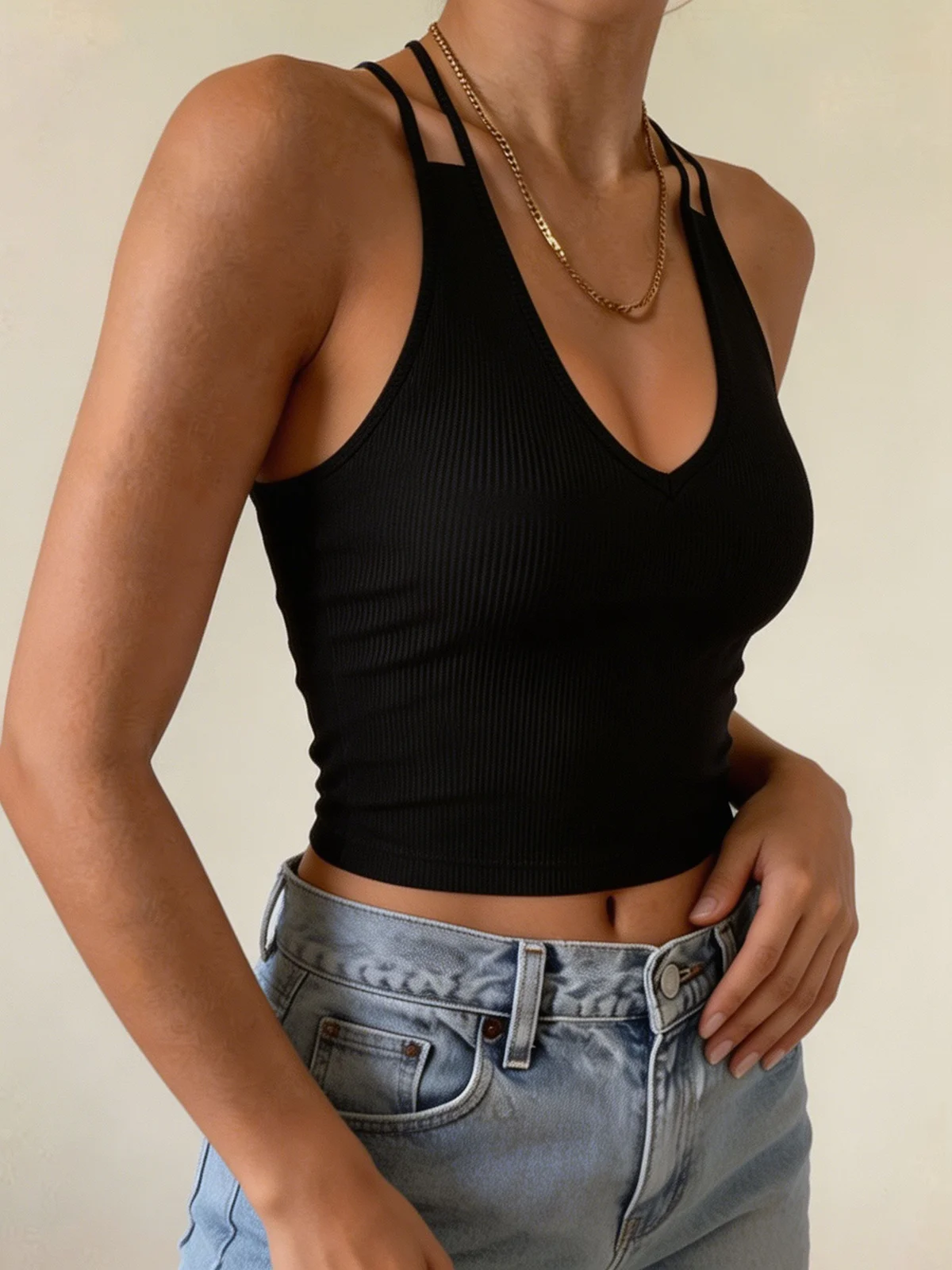 Chic V Neck Double Strap Ribbe - Tank Top Ribbed ulasan dan harga