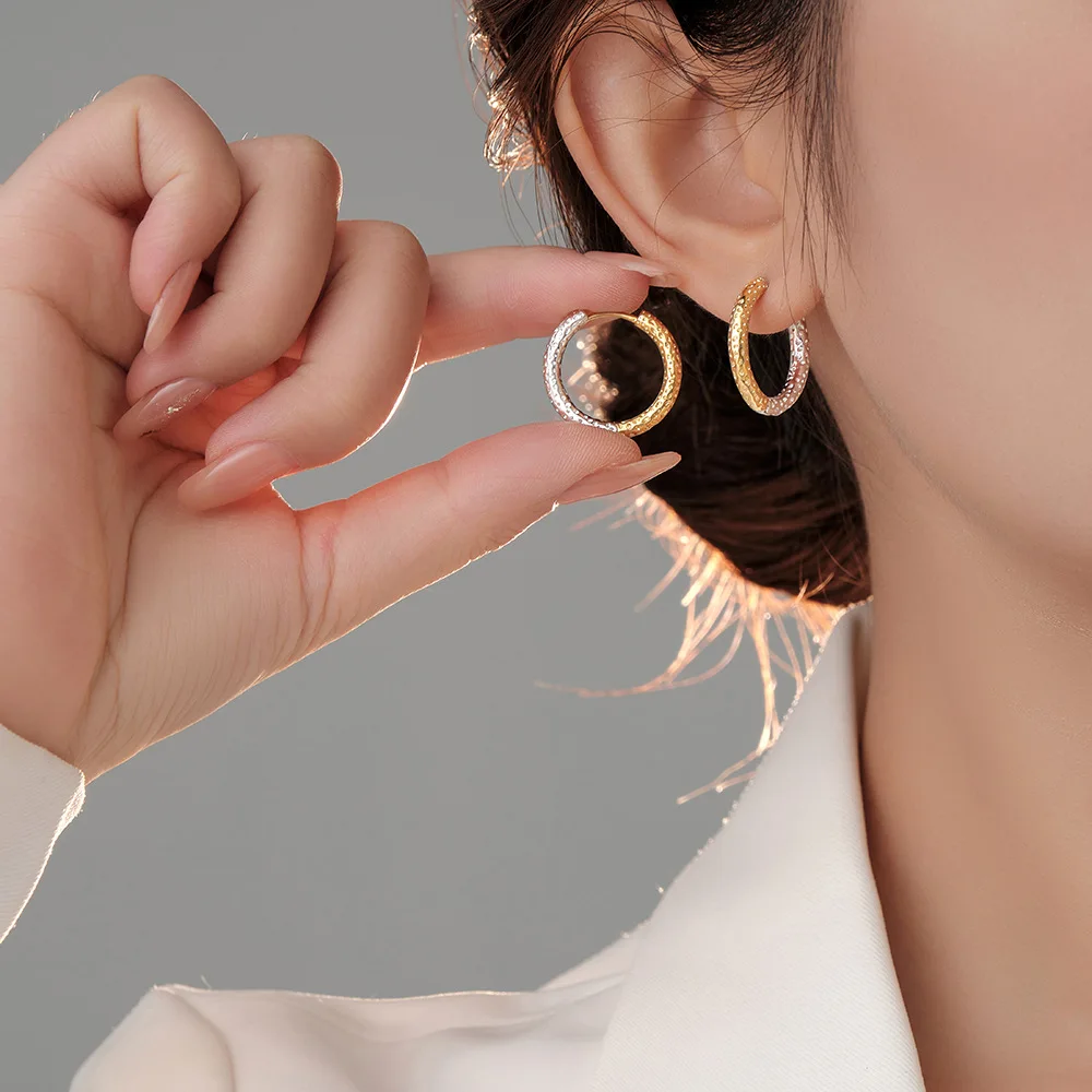 Round Hoop Earrings Contrast Color Uneven Geometric Piercing Ear Buckle Stamp 925 Sterling Silver Fine Jewelry