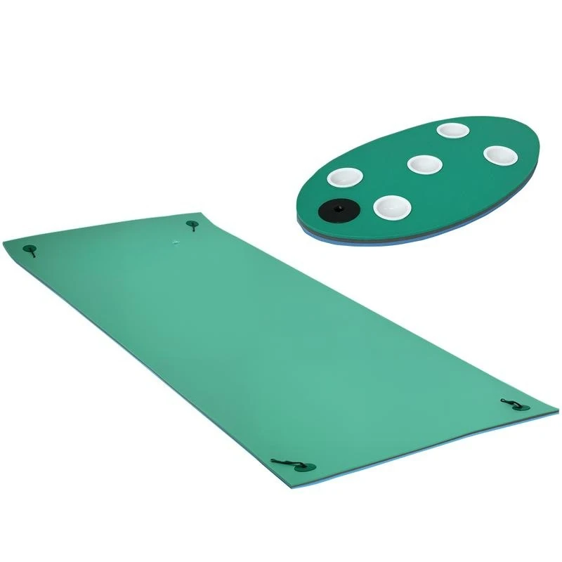 

12' x 5' Lily Pad Floating Mat with Cup Holder Table, 3-Layer Portable Roll-Up Water Mat Float Dock for 2-3 People, on Lake, River, Beach, Swimming Pool, Green