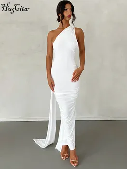 Hugcitar One Shoulder Backless Adjustable Scarf Loop Ruched Sexy Maxi Dress Women Elegant Y2K Streetwear Festival Outfit 4