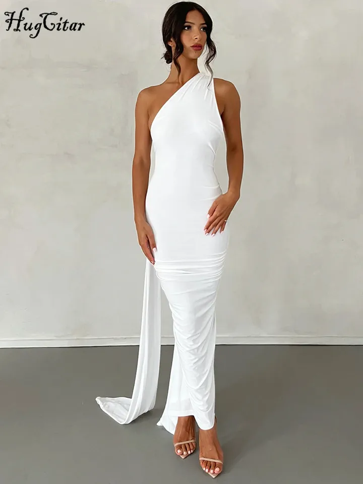Vestido largo sexy de un hombro sin espalda con bufanda ajustable y fruncido, elegante para mujer, outfit Y2K para festival 4