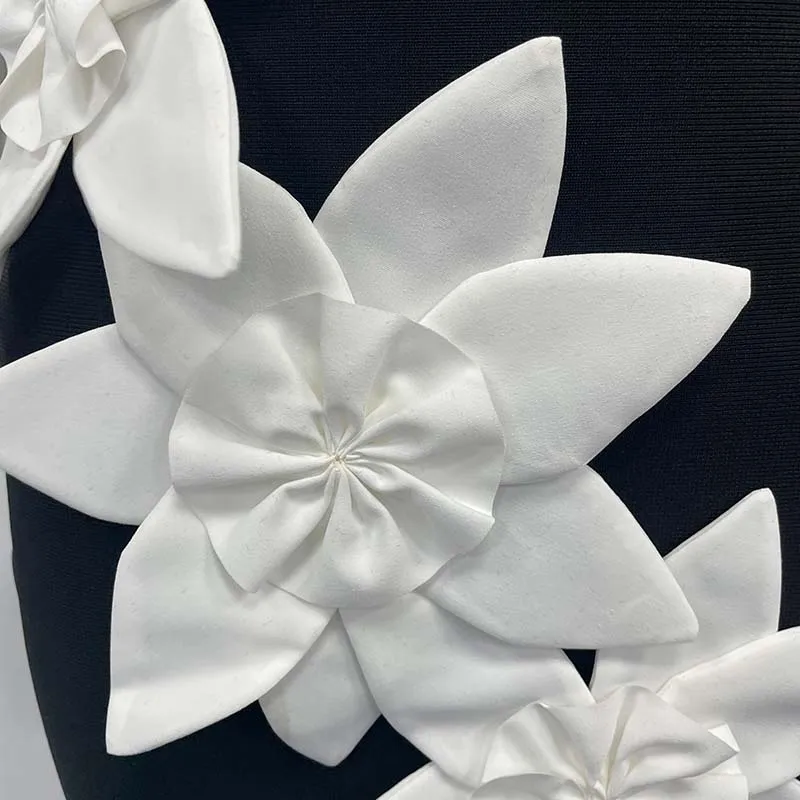 Luxe diagonale kraag lange mouw bloemen patchwork bandage mini-jurk dames zwart een schouder bloemen bodycon jurken avond