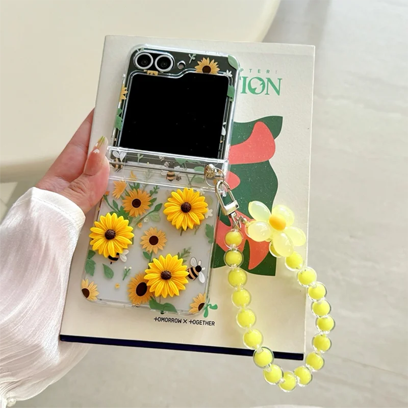 Z Flip 8 Case Cute Floral Sunflower Hard Clear Flip Cases For Samsung Z Flip 8 Zflip7 Flip6 5 Protective Case With Wrist Chain