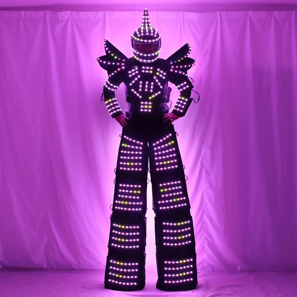 LED Robot Costume Full Color Pixel Clothes Stilts Walker Costume LED Suit Gogo Costume Helmet Laser Gloves CO2 Gun Jet Machine