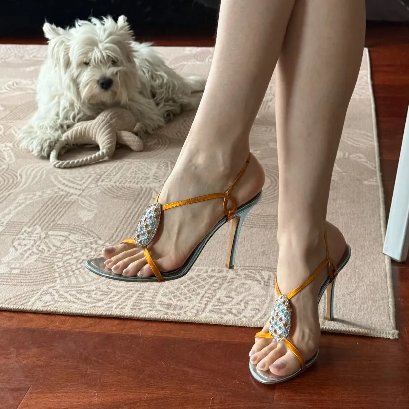 

2026 New Diamond-Studded Strappy Sandals, Rhinestone Open-Toe Stiletto High Heels, Orange