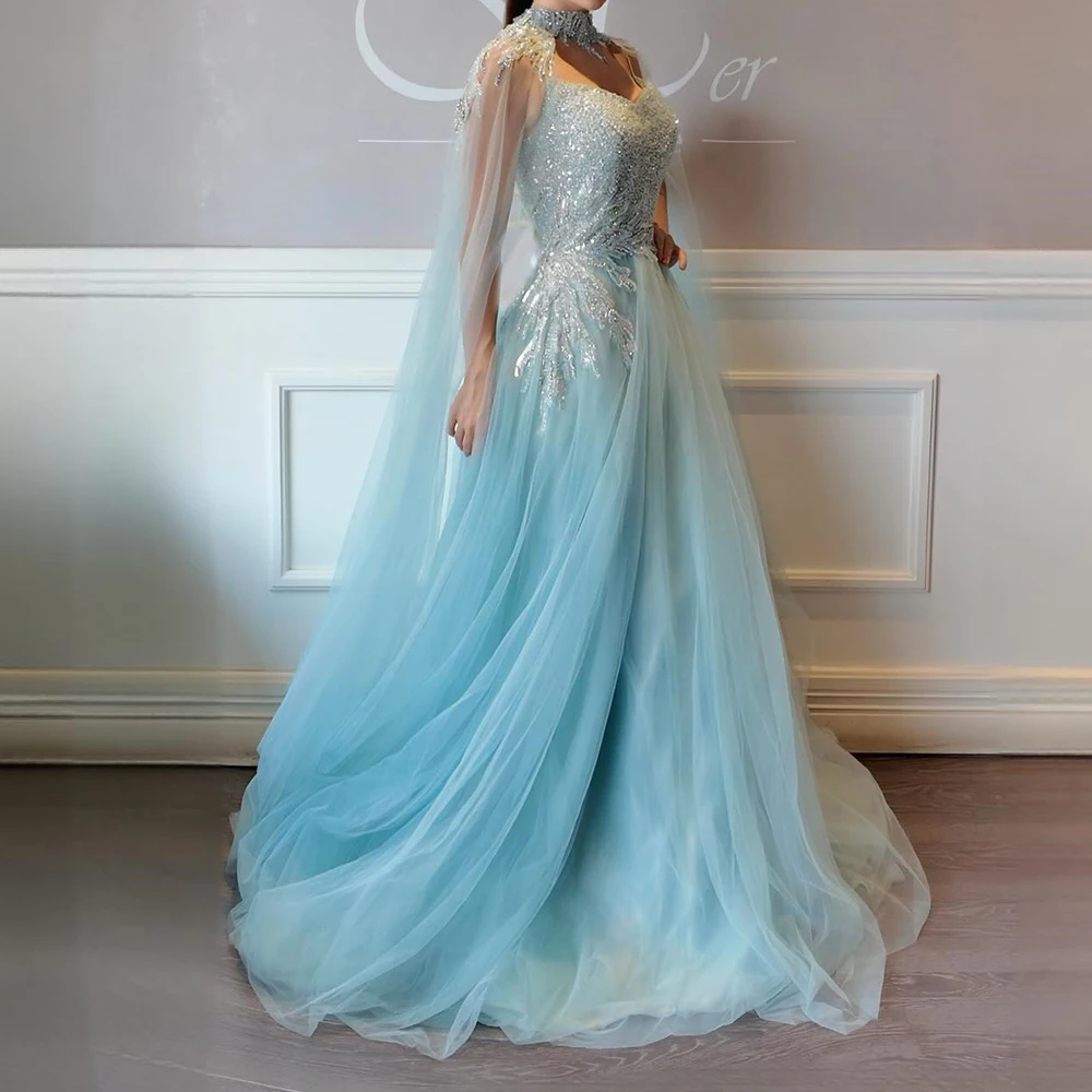 

Customized A-line Evening Dresses Floor-length High-neck Sleeveless Prom Gown Fashion Sequined Stole Simple Draped Party Gown