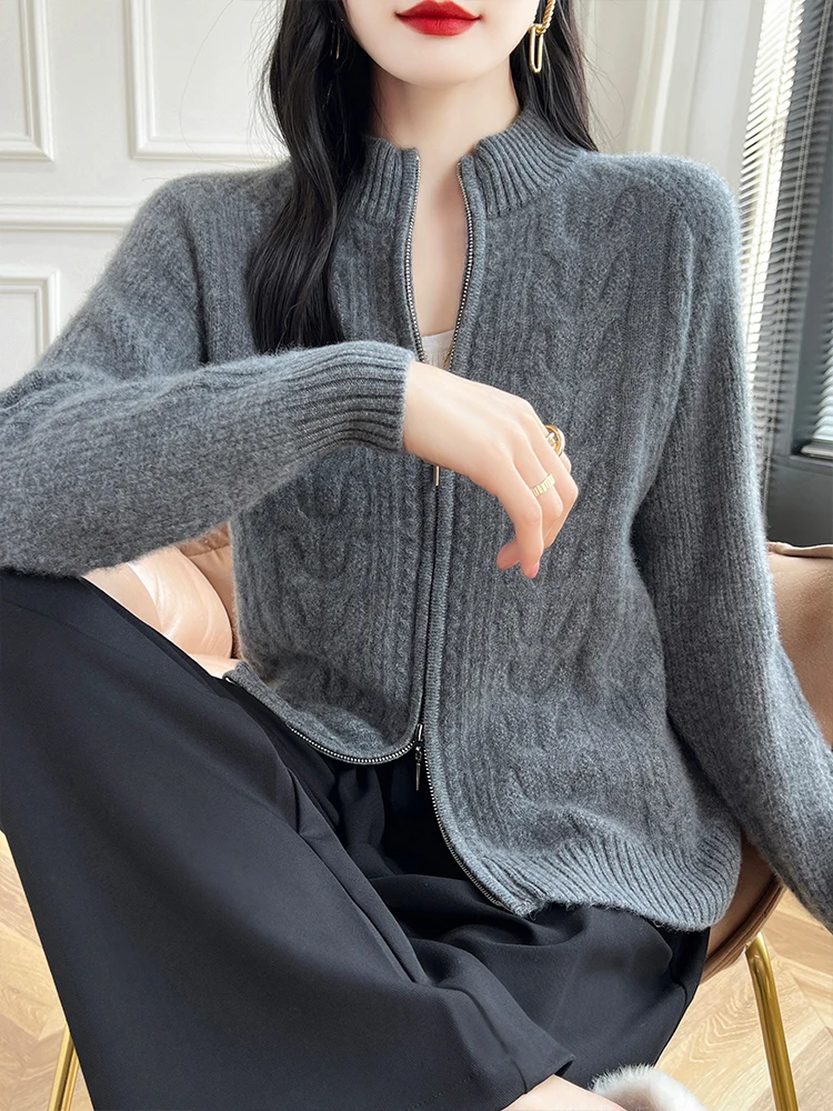 2024 Autumn/Winter New Stand Collar Cashmere Cardigan Women's 100% Pure Wool Knit Half High Collar Sweater Loose Large Size Coat
