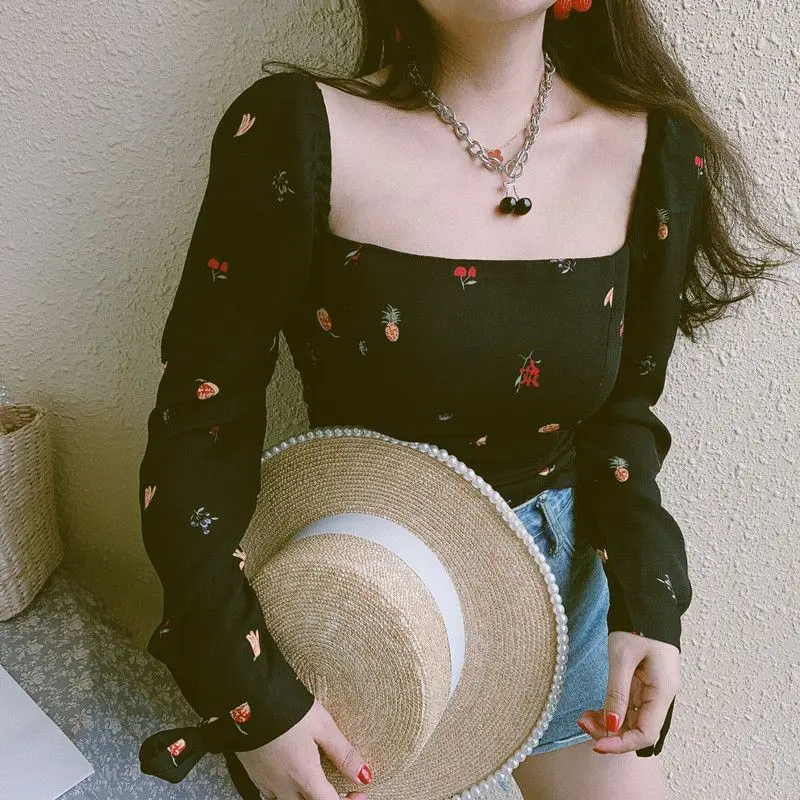 Spring Summer New Printing Fashion Long Sleeve Blouse Women French Style High Street Casual Square Collar Pleated Chic Pullover