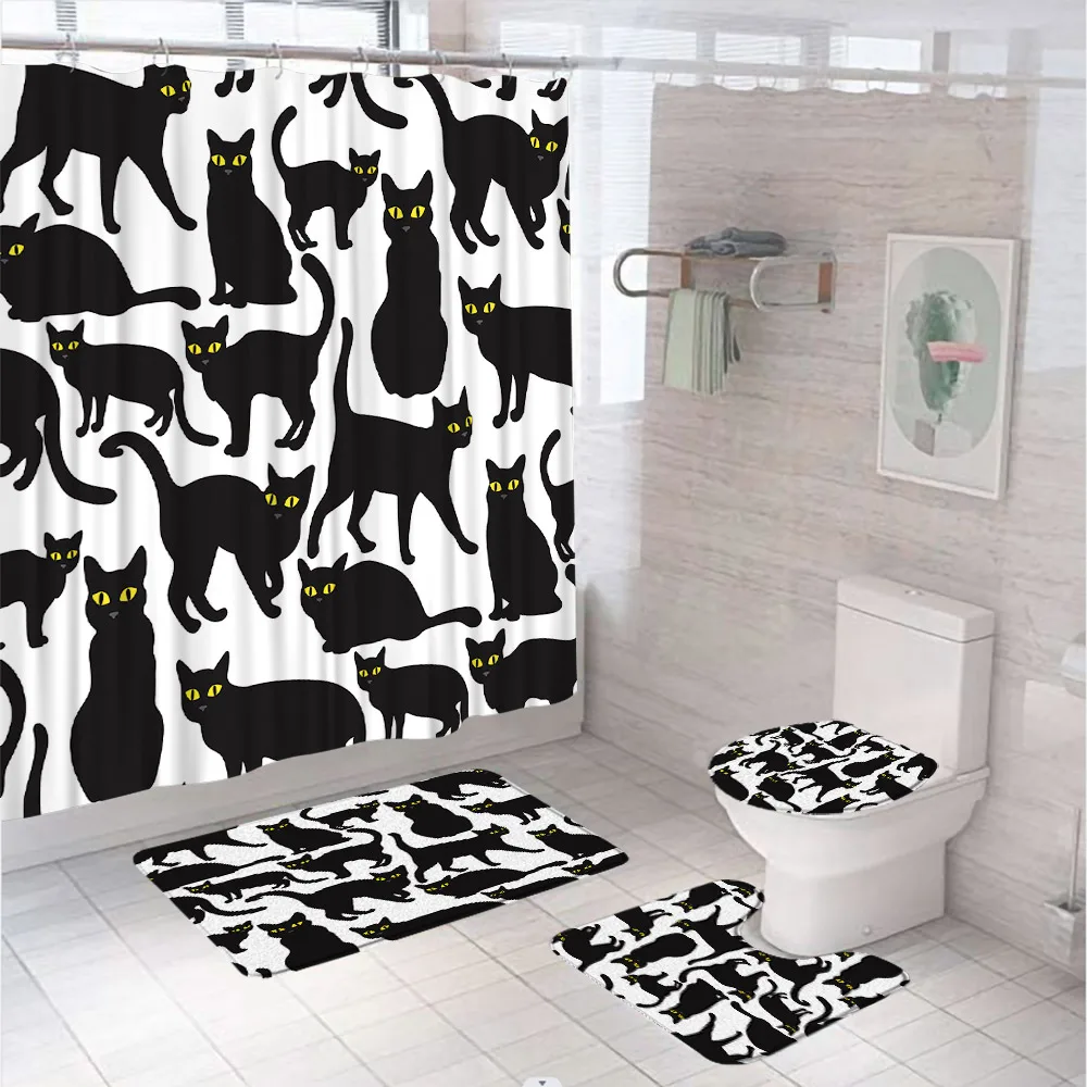 Funny Cat Bathroom Set with Shower Curtain Rug Bath Mat Lid Toilet Cover  Black White Cartoon Pet Animal Kids Bath Curtains Home